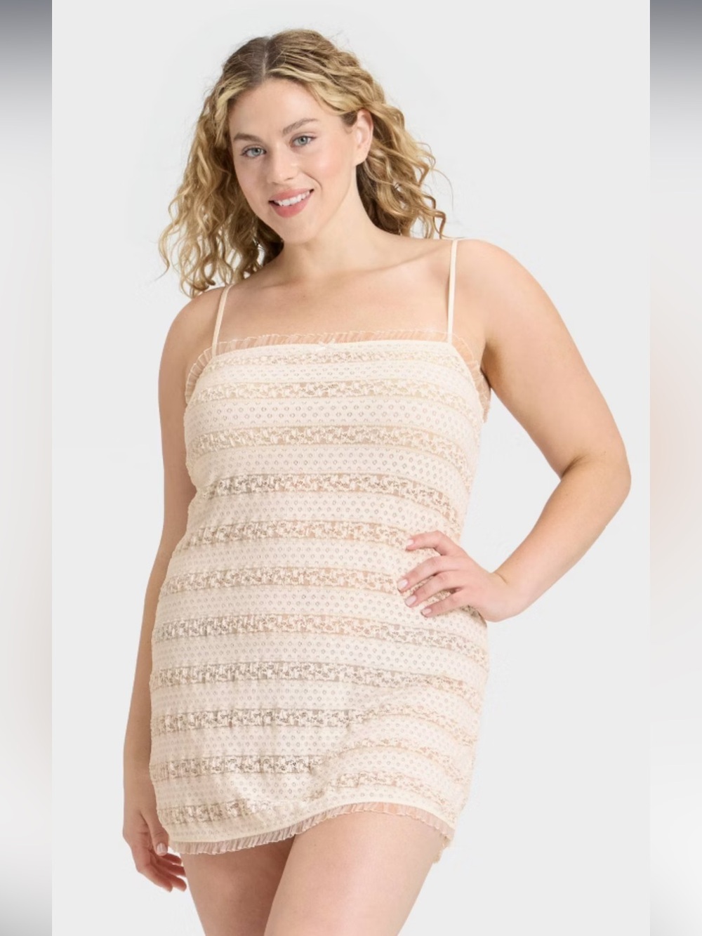 wild fable Cream Lace Striped Chemise with Spaghetti Straps